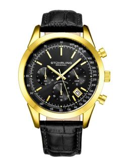 Men's Quartz Chronograph Date Black Alligator Embossed Genuine Leather Strap Watch 44mm