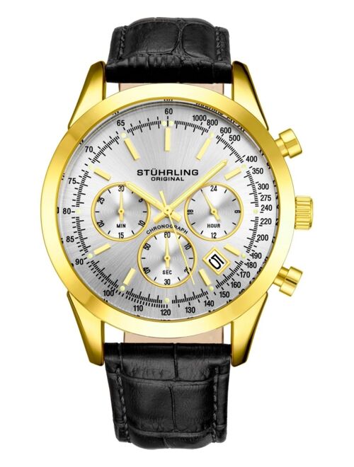 Stuhrling Men's Quartz Chronograph Date Black Alligator Embossed Genuine Leather Strap Watch 44mm