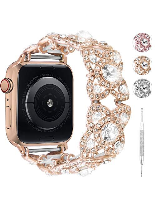 3 Colors for Apple Watch Band Women, Fullmosa Flora Fashion Rhinestone Beaded Bracelet Watch Band for iWatch Series SE/6/5/4/3/2/1,38mm 40mm 42mm 44mm