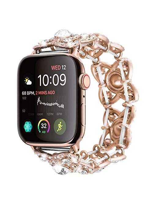 3 Colors for Apple Watch Band Women, Fullmosa Flora Fashion Rhinestone Beaded Bracelet Watch Band for iWatch Series SE/6/5/4/3/2/1,38mm 40mm 42mm 44mm