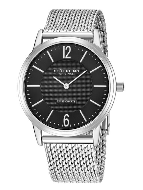 Stuhrling Original Stainless Steel Case on Mesh Bracelet, Black Dial, With Silver Accents