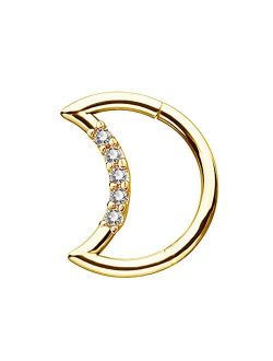 OUFER 16G Daith Earrings 14K Solid Gold Daith Hoop Cubic Zirconia Paved Moon Daith Piercing Jewelry Cartilage Earring Hoop
