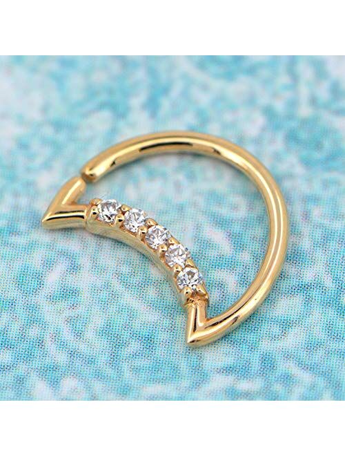 OUFER 16G Daith Earrings 14K Solid Gold Daith Hoop Cubic Zirconia Paved Moon Daith Piercing Jewelry Cartilage Earring Hoop