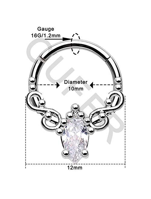 OUFER 16G 316L Stainless Steel Daith Earrings Princess Filigree Sparkle CZ Hinged Segment Ring Helix Earring Hoop Tragus Cartilage Hoop Septum Piercing Jewelry
