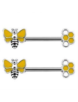 Nipplerings Barbell with Bee and Honeycomb 2PCS 14G Stainless Steel Nipple Rings Piercing for Women Men in Body Piercing Jewelry