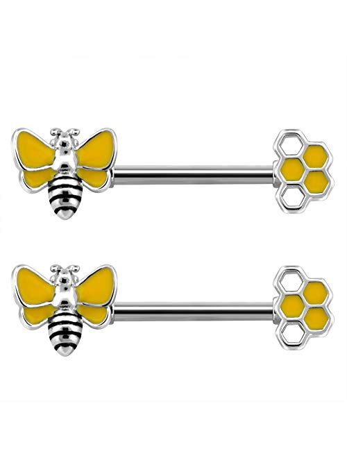 OUFER Nipplerings Barbell with Bee and Honeycomb 2PCS 14G Stainless Steel Nipple Rings Piercing for Women Men in Body Piercing Jewelry