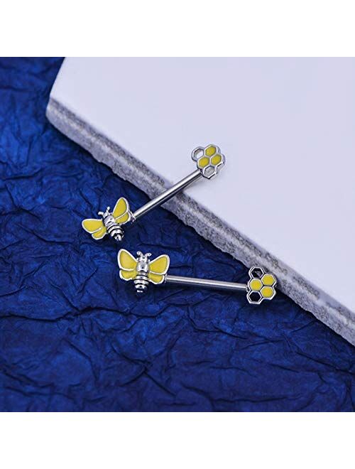OUFER Nipplerings Barbell with Bee and Honeycomb 2PCS 14G Stainless Steel Nipple Rings Piercing for Women Men in Body Piercing Jewelry