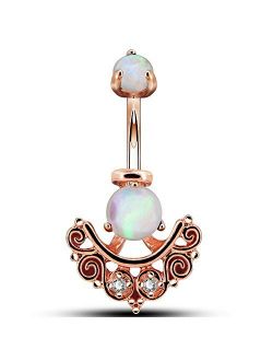 14G Belly Button Rings 316L Stainless Steel White Opal Clear CZ Filigree Jacket 14g Curved Barbell Navel Rings