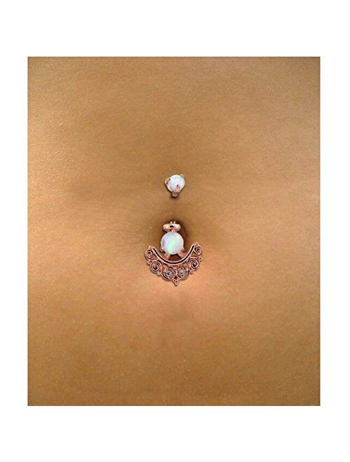 OUFER 14G Belly Button Rings 316L Stainless Steel White Opal Clear CZ Filigree Jacket 14g Curved Barbell Navel Rings