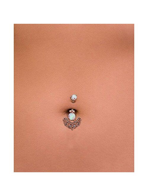 OUFER 14G Belly Button Rings 316L Stainless Steel White Opal Clear CZ Filigree Jacket 14g Curved Barbell Navel Rings