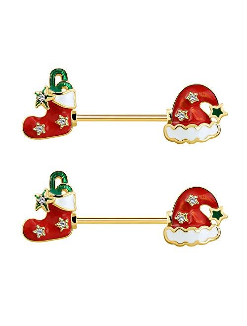 OUFER Christmas Nipple Rings Piercing Women Surgical Steel Nipple Ring with Santa Hat and Shoes Nipple Piercing Jewelry