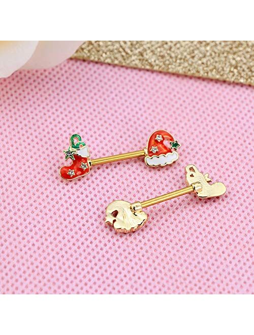 OUFER Christmas Nipple Rings Piercing Women Surgical Steel Nipple Ring with Santa Hat and Shoes Nipple Piercing Jewelry