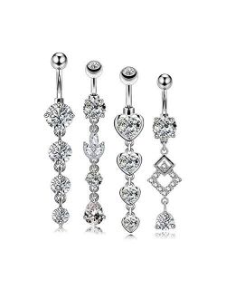 4PCS 14G Stainless Steel Belly Button Rings Clear CZ Dangle Belly Piercing Jewelry Navel Rings
