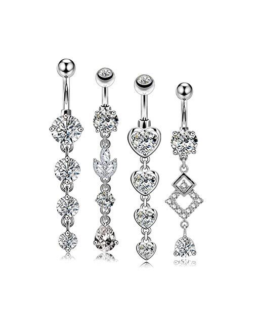 OUFER 4PCS 14G Stainless Steel Belly Button Rings Clear CZ Dangle Belly Piercing Jewelry Navel Rings