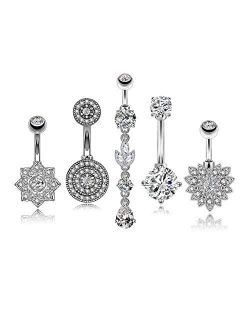 5 PCS/Set 14G Belly Button Rings Stainless Steel Navel Rings Piercings Flower Dangle Clear Gem Body Jewelry for Women
