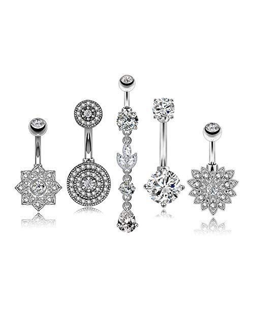 OUFER 5 PCS/Set 14G Belly Button Rings Stainless Steel Navel Rings Piercings Flower Dangle Clear Gem Body Jewelry for Women