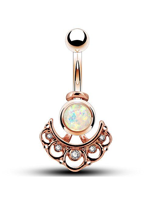 OUFER 14G Belly Button Rings 316L Stainless Steel White Opal Clear CZ Filigree Jacket 14g Curved Barbell