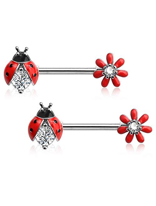 OUFER 14G Nipple Rings 316L Stainless Steel Nipple Piercing Jewelry Ladybug Flower Nipple Piercing for Women