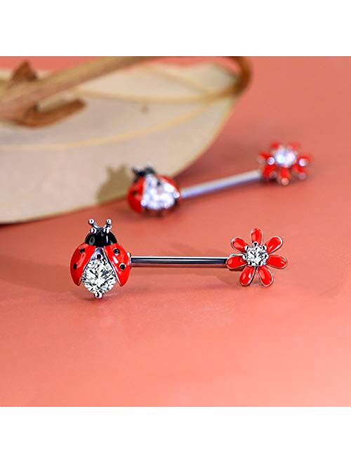OUFER 14G Nipple Rings 316L Stainless Steel Nipple Piercing Jewelry Ladybug Flower Nipple Piercing for Women