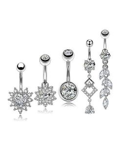 5PCS 14G 316L Stainless Steel Belly Button Rings Heart Shape Clear CZ Center Navel Ring Belly Rings Body Jewelry