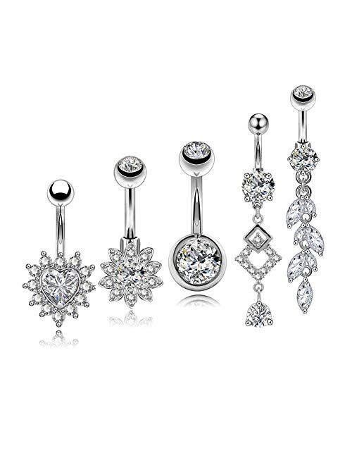 OUFER 5PCS 14G 316L Stainless Steel Belly Button Rings Heart Shape Clear CZ Center Navel Ring Belly Rings Body Jewelry