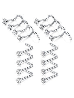 Nose Studs 20G, 12pcs-16pcs 8mm 10mm Rose Gold Silver Nose Rings Hoop and L Shaped Nose Studs Screws Piercing Set