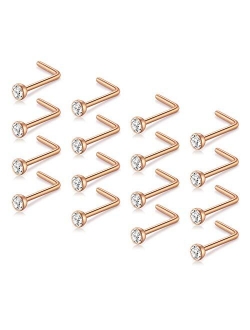 Nose Studs 20G, 12pcs-16pcs 8mm 10mm Rose Gold Silver Nose Rings Hoop and L Shaped Nose Studs Screws Piercing Set
