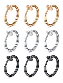 Fake Nose Rings Hoop Clip on Spring Fake Hoop Earring Stainless Steel Retractable Nose Ring Faux Helix Cartilage Ear Lobe Conch Earrings Fake Nose Lip Ear Piercin