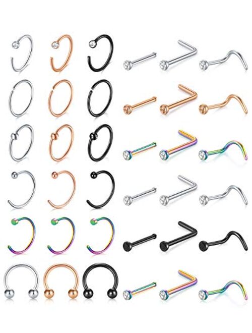 D.Bella 20G Nose Rings Hoop Surgical Stainless Steel 8mm Hoop Nose Rings for Women Bone Pin L Shaped Nose Rings Studs Screw Nose Nostrial Piercing Jewerly