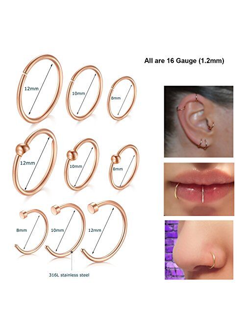 D.Bella Nose Rings Hoop, 16G Nose Rings 8/10/12mm Septum Rings Hoop for Lip Nose Helix Cartilage Piercing Rings Jewelry