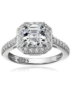 Platinum or Gold Plated Sterling Silver Asscher-Cut Halo Ring Set with Swarovski Zirconia