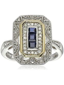 Sterling Silver and 14k Yellow Gold Blue Sapphire and Diamond Accent Art Deco-Style Ring (1/10 cttw, I-J Color, I3 Clarity)