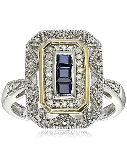 Sterling Silver and 14k Yellow Gold Blue Sapphire and Diamond Accent Art Deco-Style Ring (1/10 cttw, I-J Color, I3 Clarity)