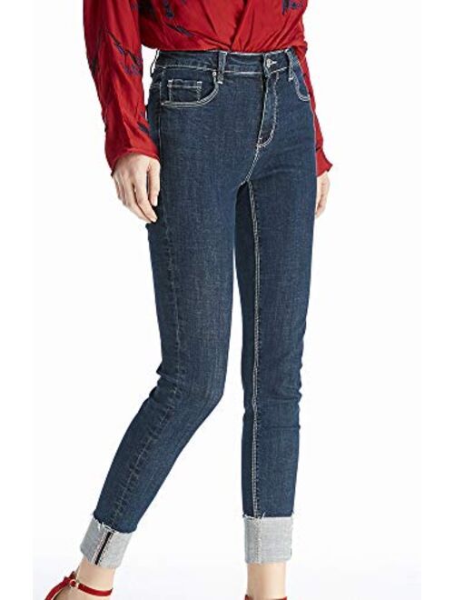 LISUEYNE Women's Modern Roll Cuff Straight Leg Denim Jean Women Boyfriend High Rise Skinny Jeans