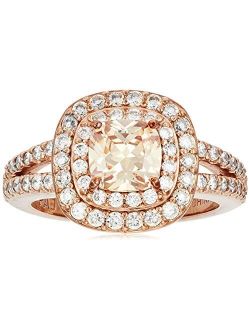 Amazon Collection 14k Rose Gold Plated Sterling Silver Champagne Cubic Zirconia Cushion Cut 6mm Double Halo Ring