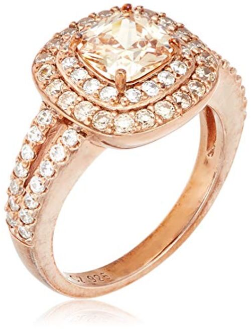 Amazon Collection 14k Rose Gold Plated Sterling Silver Champagne Cubic Zirconia Cushion Cut 6mm Double Halo Ring
