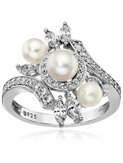 Platinum-Plated Sterling Silver Freshwater Pearl Bypass Ring made with Swarovski Zirconia