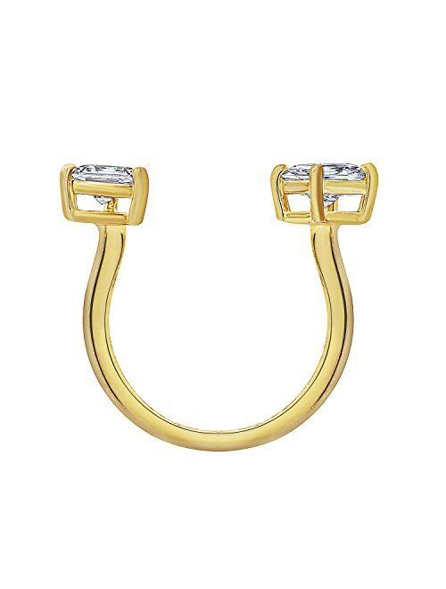 Yellow-Gold-Plated Sterling Silver Swarovski Zirconia 2-Stone Princess-Cut and Pear-Shape Ring