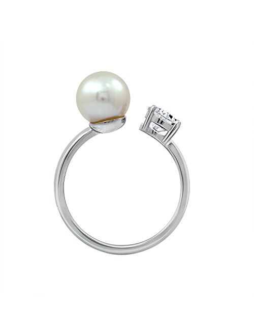 Platinum-Plated Sterling Silver Freshwater Pearl Ring made with Swarovski Zirconia Accents