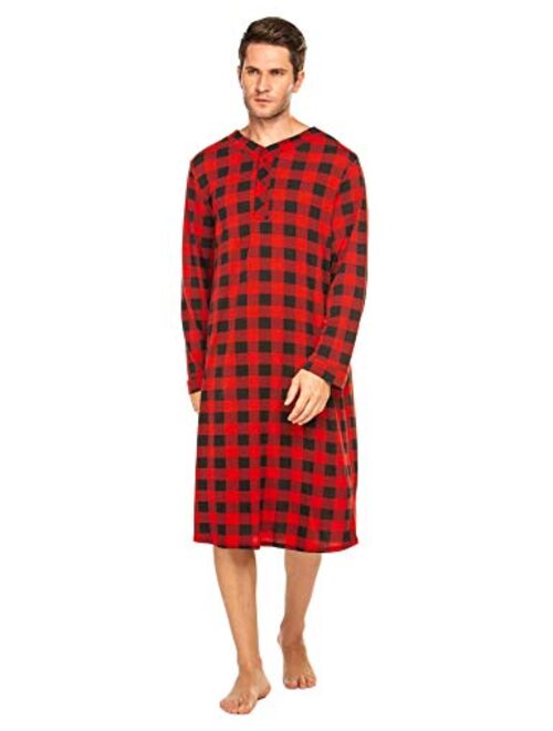 Ekouaer Sleepwear Mens Nightshirt Big & Tall Plaid Sleep Shirt Lightweight Henley Pajamas Shirt 