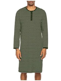 Men's Night Sleep Shirts Comfy Long Sleeve Mid-Length Nightgown Loose Striped Nightshirts S-XXL