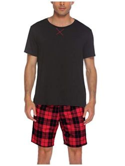 Mens Pajamas Shorts Set Plaid Sleepwear with Pockets Loose Short Sleeve Sleep Loungewear 2 Pieces Summer Pjs