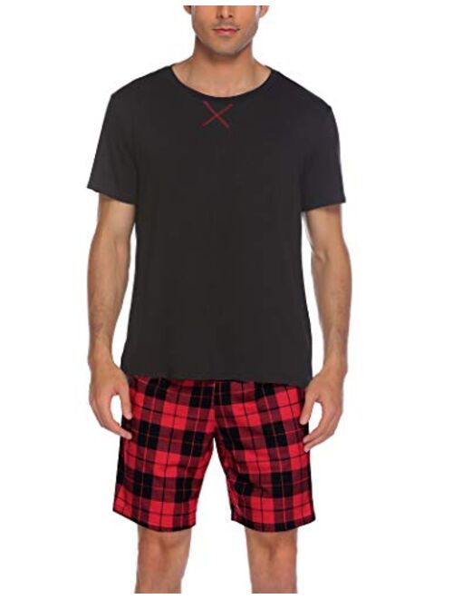 Ekouaer Mens Pajamas Shorts Set Plaid Sleepwear with Pockets Loose Short Sleeve Sleep Loungewear 2 Pieces Summer Pjs