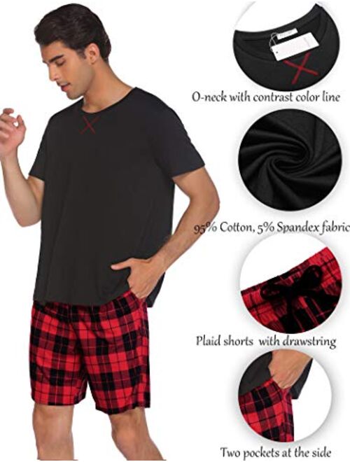 Ekouaer Mens Pajamas Shorts Set Plaid Sleepwear with Pockets Loose Short Sleeve Sleep Loungewear 2 Pieces Summer Pjs