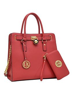Womens Large Fashion Handbag Top Belted Padlock Satchel Top Handle Shoulder Bag Purses w/Matching Wallet