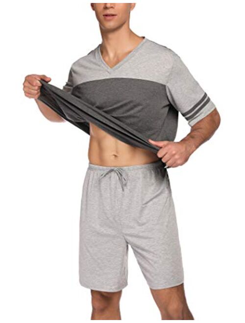 Ekouaer Men Pajama Shorts Set Short Sleeve Sleep Set V-Neck PJ Set 2 Piece Set Sleepwear Nightwear with Pants S-XXXL