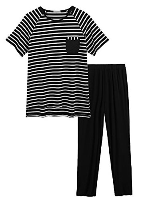 Ekouaer Men's Summer Pajamas Set Short Sleeve Striped Raglan T-Shirt and Pants Set PJS Sleepwear Lounge Set
