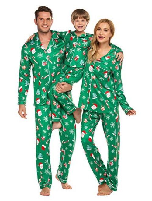 Ekouaer Christmas Family Matching Pajamas Long Sleeve Pj Set Warm Fleece Lined Festival Party Sleepwear with Button