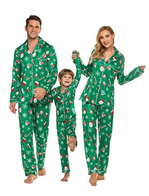 Ekouaer Christmas Family Matching Pajamas Long Sleeve Pj Set Warm Fleece Lined Festival Party Sleepwear with Button
