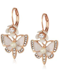 Women's Rose Gold and White Butterfly Drop Earrings One Size
